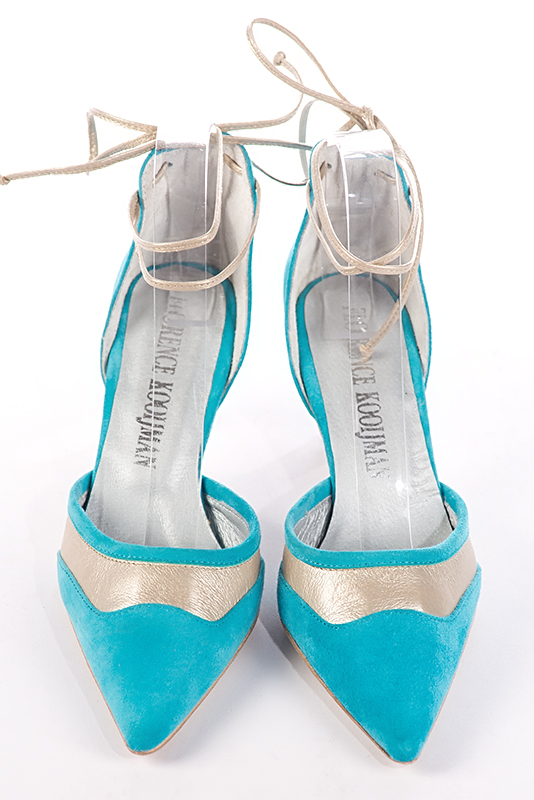 Turquoise blue and gold women's open side shoes, with lace straps. Pointed toe. Medium spool heels. Top view - Florence KOOIJMAN
